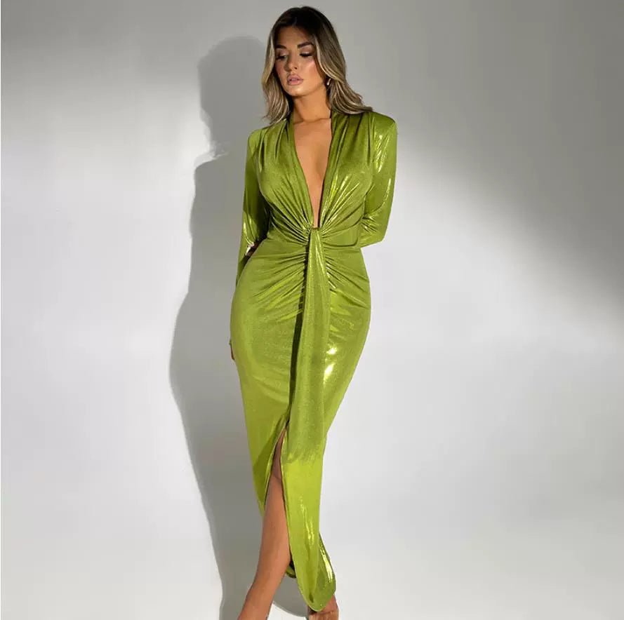 Pu Long Dress Elegant Glossy V Neck Long Sleeves Patchwork Ruffle Hip Leather Skirt Split High Waist Dress