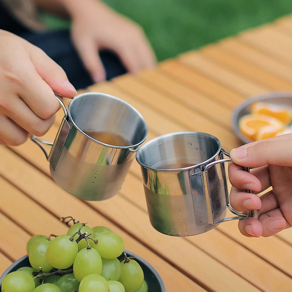 Camping Water Cup with Foldable Handle Tea Beer Coffee Mug Stainless Steel Portable Camping Cup for Outdoor Use