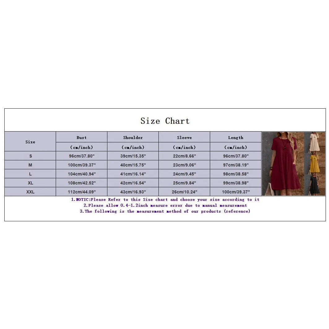 Evening Dresses Outfits Women Fashion Solid Vintage Cotton And Linen Loose Pocket Round Neck Short Sleeve