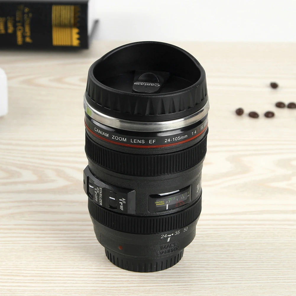 350mL Creative Telephoto Lens Shape Coffee Tea Mug with Lid Stainless Steel