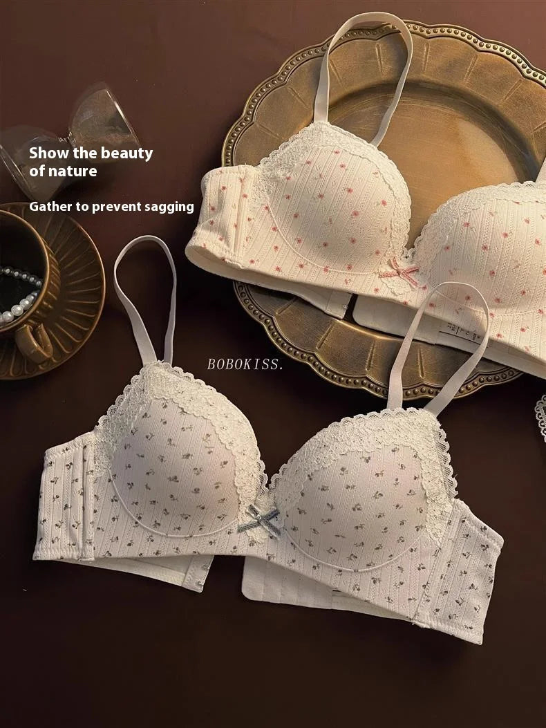 Lace Edge Sexy Lingerie Women's Small Breasts Gather No Wire Anti-Sag Bra Set