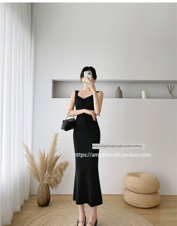 Autumn and Winter V-neck Slim-Fit Sleeveless Sling Fishtail Dress Sweater