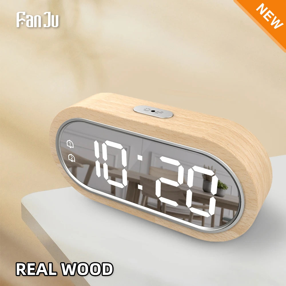 FanJu Digital Clock Alarm Snooze Table Thermometer Electronic USB charger LED Wooden Watch Living room Desk Clocks AAA Powered