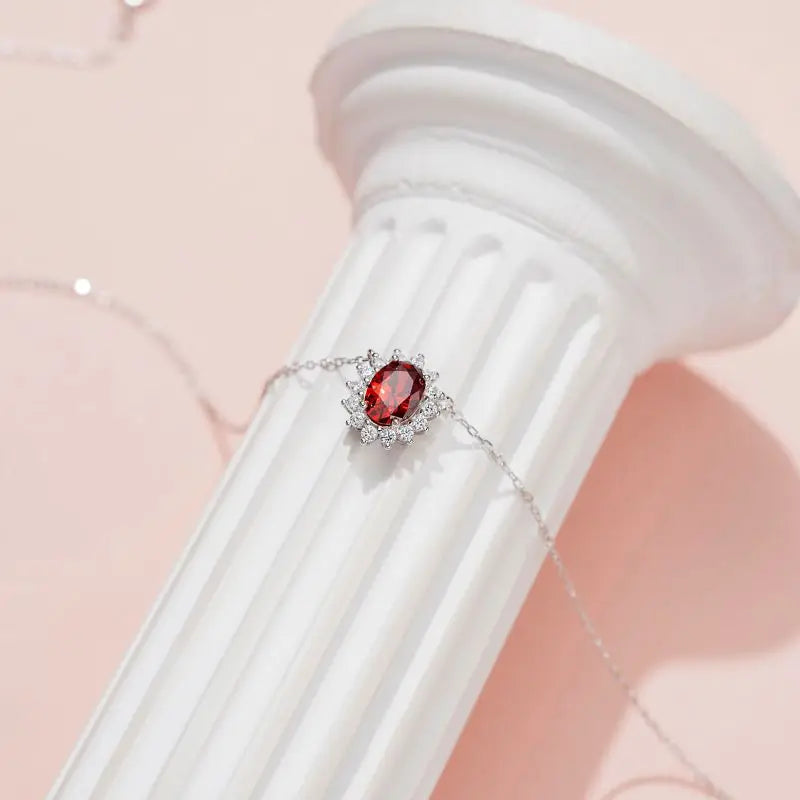 Metiseko 925 Sterling Silver Ruby Colour Chain Necklace Garnet Red Cubic Zirconia Retro Style Necklace Waterproof for Women