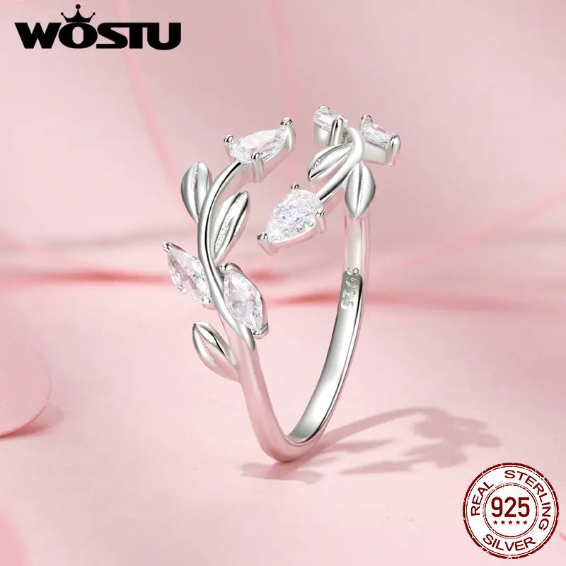WOSTU 925 Sterling Silver Leaves Open Ring With Zircon For Women's Dating Daily Parties Fine Jewelry Gifts Dainty Trendy Jewelry