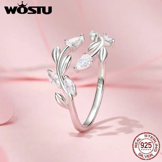 WOSTU 925 Sterling Silver Leaves Open Ring With Zircon For Women's Dating Daily Parties Fine Jewelry Gifts Dainty Trendy Jewelry