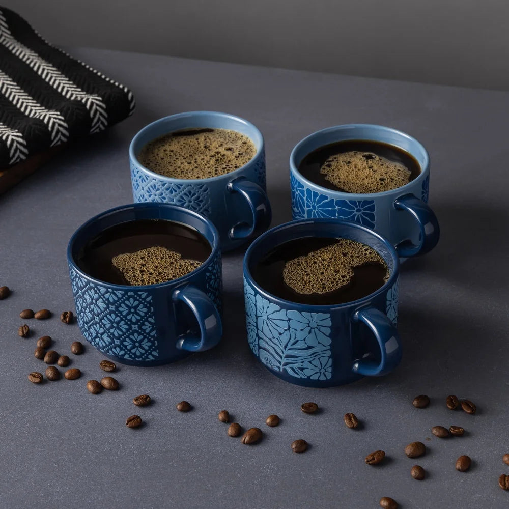 4 Pack Stackable Mugs Floral Geometric Patterns Stoneware Dishwasher Microwave Safe Coffee Tea Drinkware Space Saving Kitchen