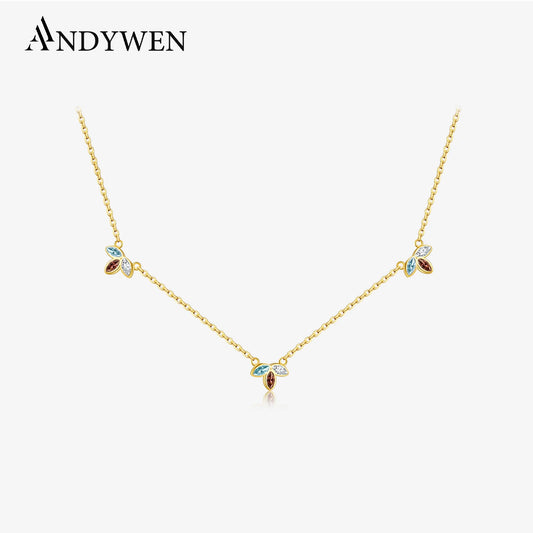 ANDYWEN 925 Sterling Silver Gold Three Zircon Queen Flower Pendant Necklace Long Choker Women Wedding Luxury FineJewelry Gift