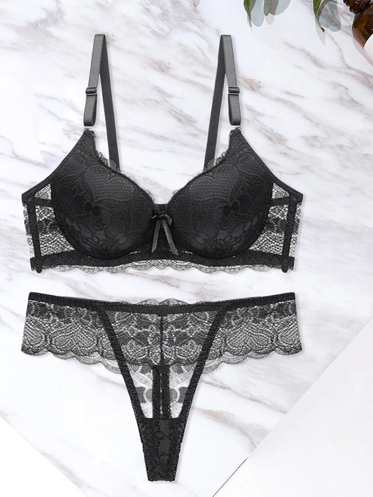 Women s Floral Lace Lingerie Set Sheer Mesh Seductive Babydoll Push up Bra and Panty 2 Pcs Set with Garter Belt