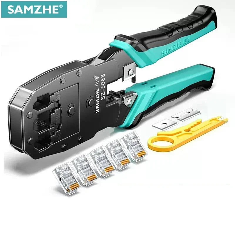 SAMZHE RJ45 Crimp Plier Pass Through Crimper Stripper Cutter for Cat7 Cat6 Cat5e 8P8C Modular Connector Ethernet Wire Tool