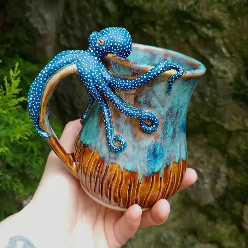 New Deep Blue Octopus Mug Handmade Statue Sea Animal Mug With Handle Novelty Coffee Milk Tea Juice Hot and Cold Drinkware Cup