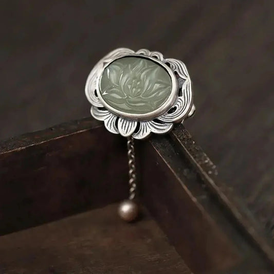 Original designer craftsmanship natural Hetian jasper pendant brooch Chinese style retro unique charm brand silver jewelry