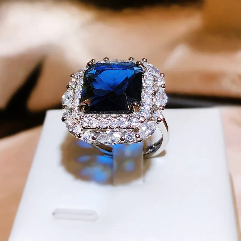925 Silver New Luxury Set Princess Square Diamond Opening Ring Women's Fashion Tanzanite Sapphire Engagement Ring