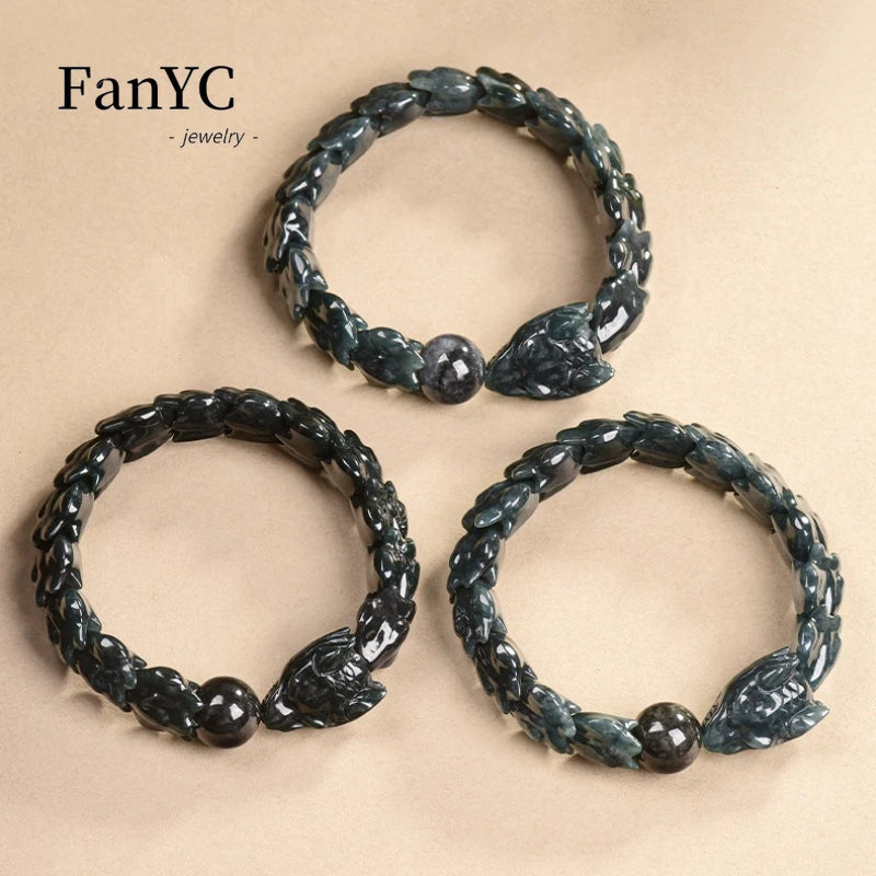 High-end Natural Burmese Jadeite Dragon Bone Bracelet with Exquisite Carving Fashionable Jewellery Gift for Men and Women