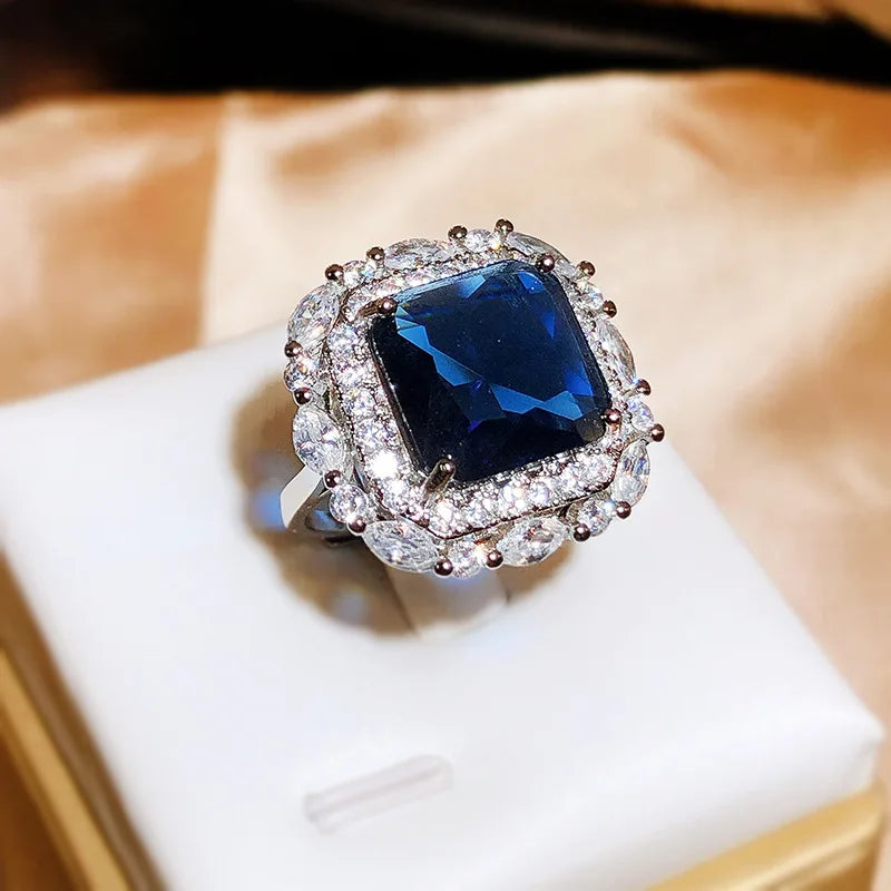 925 Silver New Luxury Set Princess Square Diamond Opening Ring Women's Fashion Tanzanite Sapphire Engagement Ring