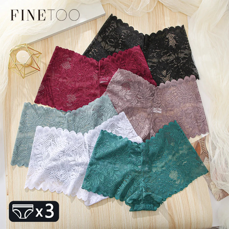 FINETOO 3Pcs/set Lace Boyshort Panties Women Low-Rise Floral Underwear S-XL Girls Sexy Panties Ladies Lace Underpants Lingerie