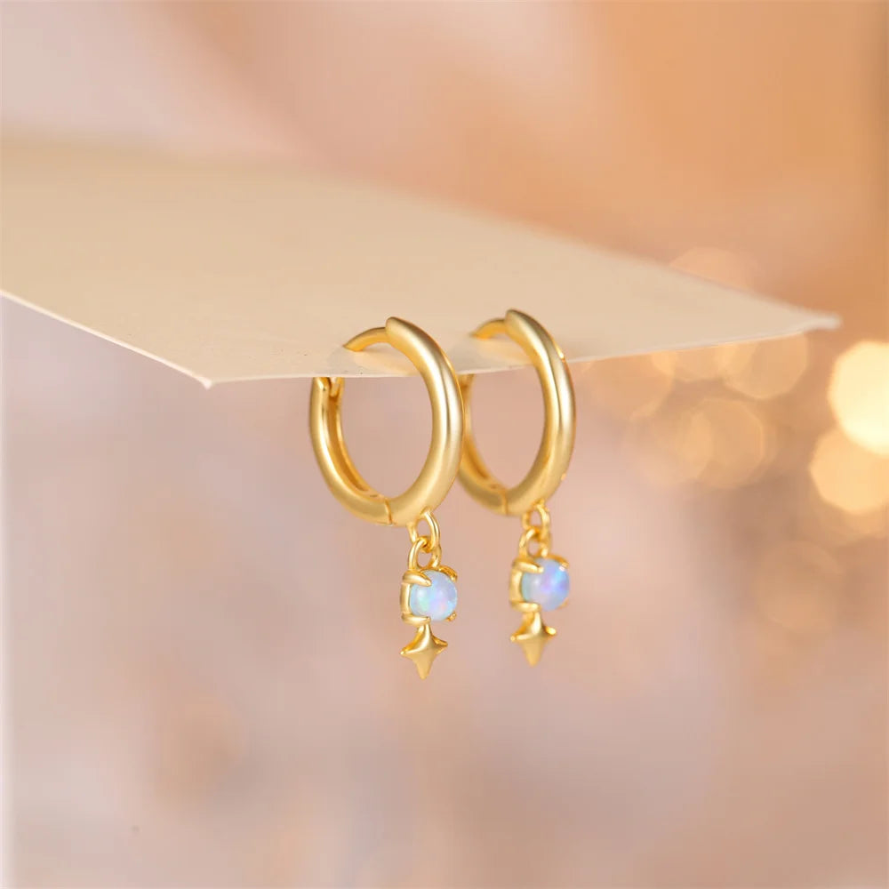 Sterling Silver Opal Star Charm Gold Hoop Earrings