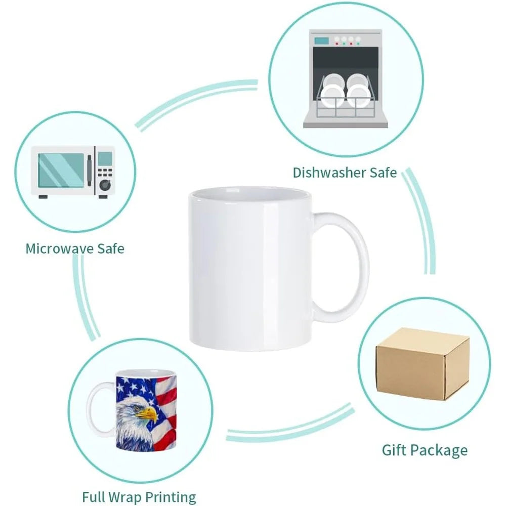 8 Pack 11oz White Sublimation Coffee Mugs Blank Ceramic Cups Custom Design Printing Gift Ideas Bulk