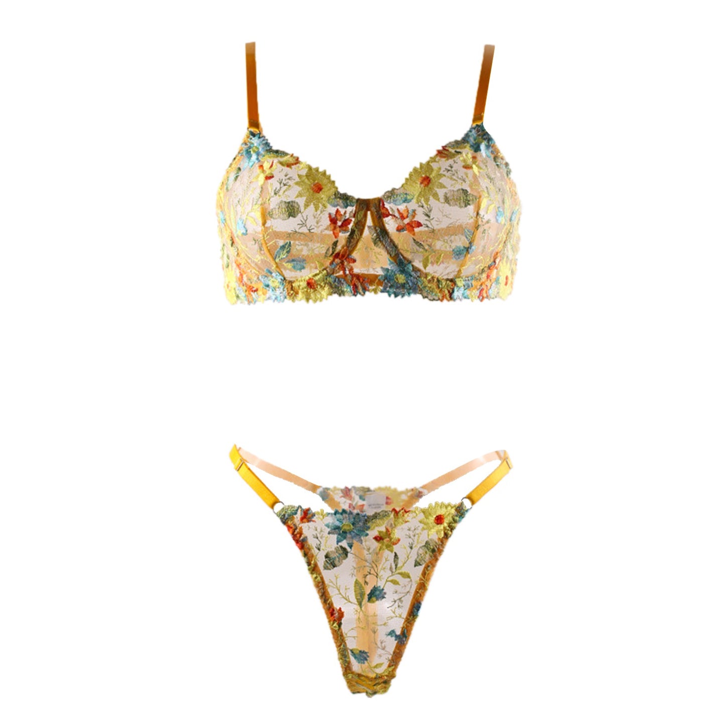 Women's Perspective Fun Underwear Sexy Embroidery Yellow Flower Bra With Steel Ring See Through Sexy Lingerie For Fine Women