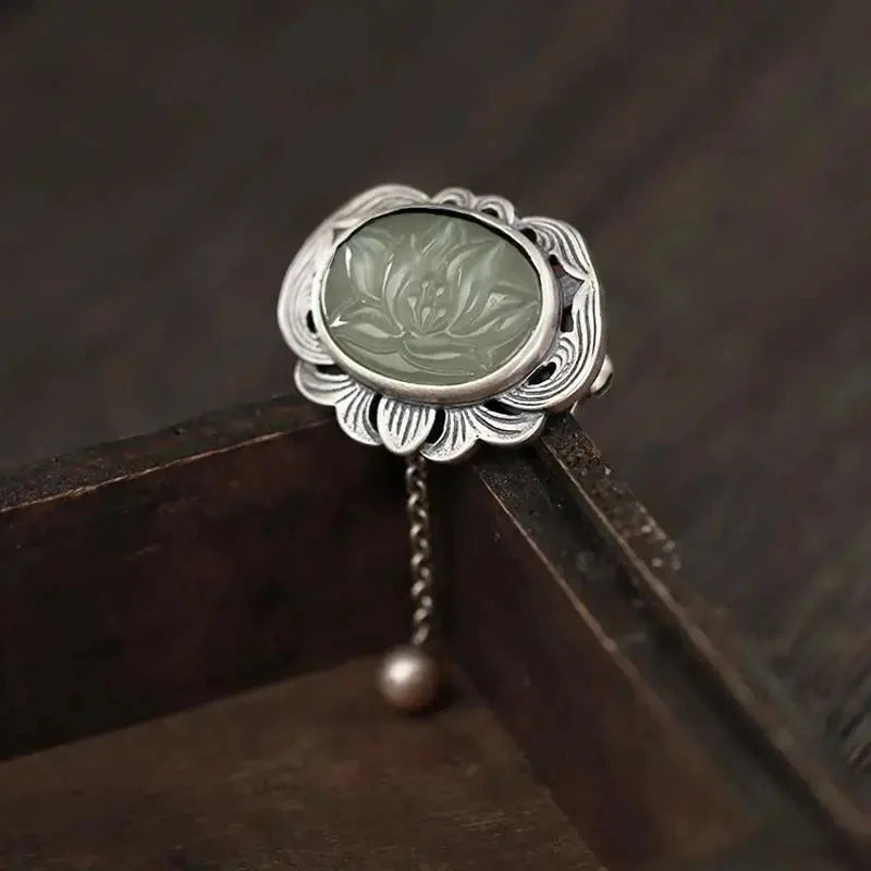 Original designer craftsmanship natural Hetian jasper pendant brooch Chinese style retro unique charm brand silver jewelry