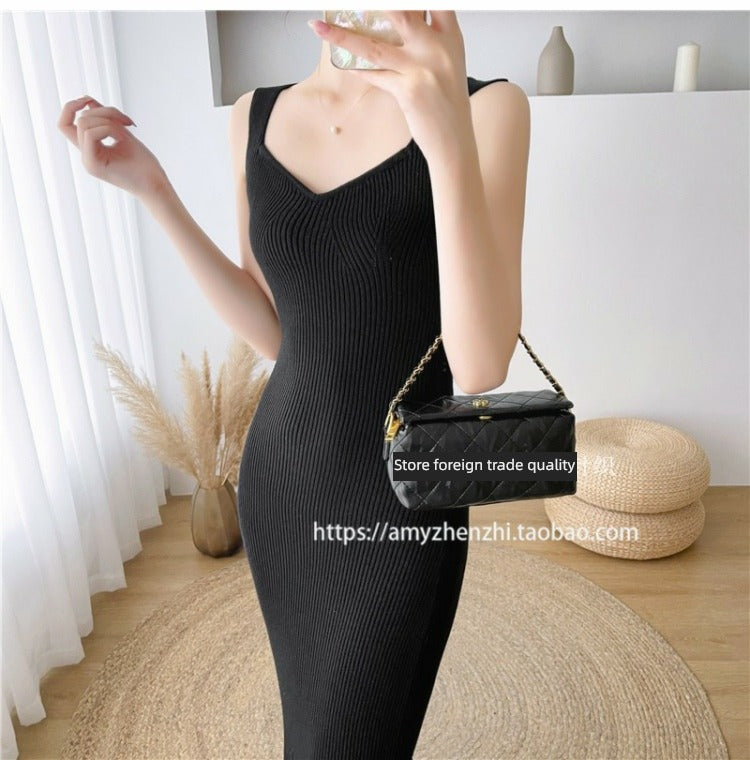Autumn and Winter V-neck Slim-Fit Sleeveless Sling Fishtail Dress Sweater