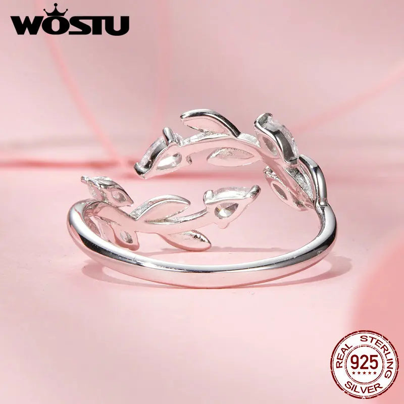 WOSTU 925 Sterling Silver Leaves Open Ring With Zircon For Women's Dating Daily Parties Fine Jewelry Gifts Dainty Trendy Jewelry