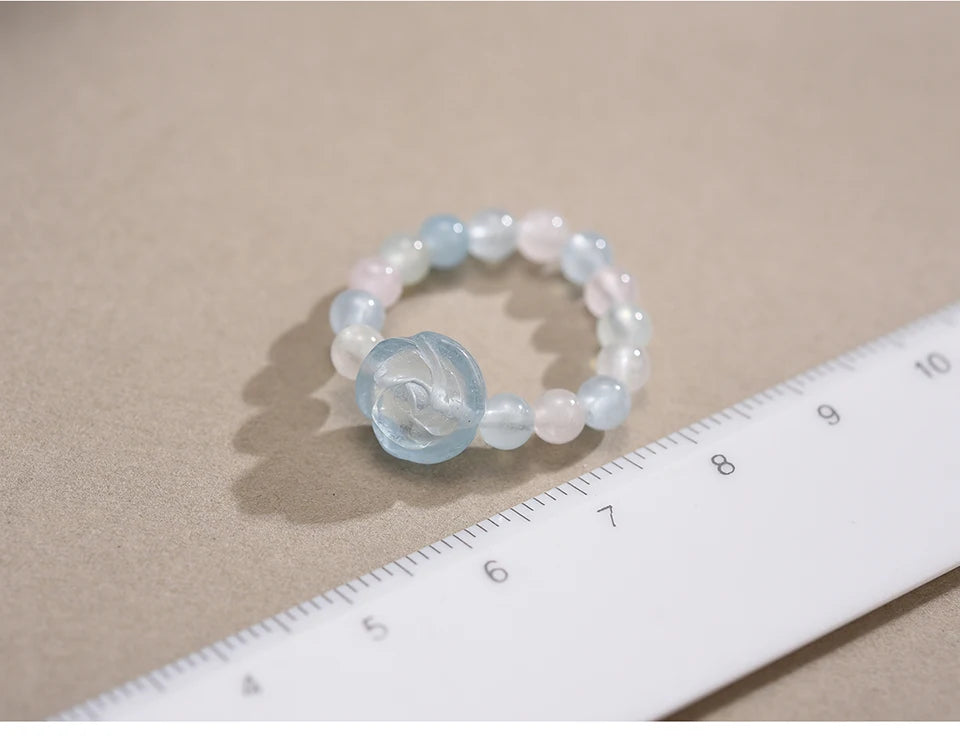 Lotus Fun Natural Stone Aquamarine Crystal Round Beads Rose Flower Extendable Rings for Women High Quality Wedding Fine Jewelry