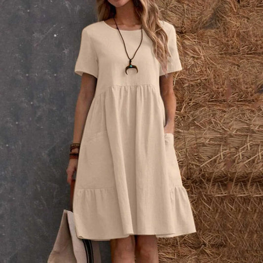 Evening Dresses Outfits Women Fashion Solid Vintage Cotton And Linen Loose Pocket Round Neck Short Sleeve