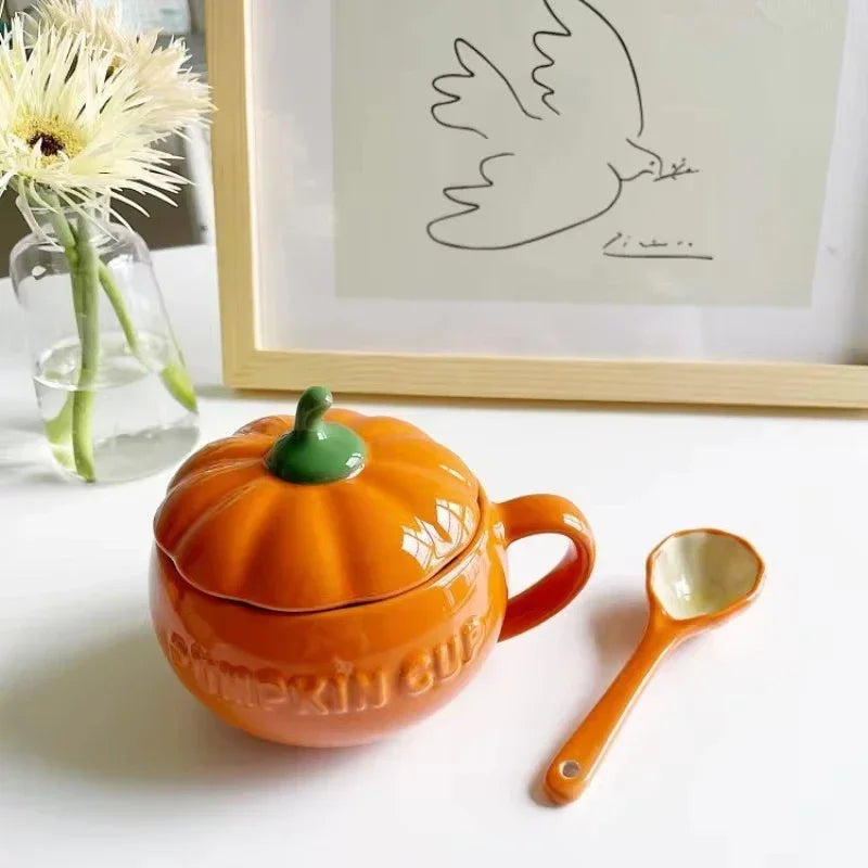 Pumpkin Mug Ceramic with Lid with Spoon Coffee Cups Milk Tea Breakfast Creative Handle Design Gift Drinkware Kitchen Halloween