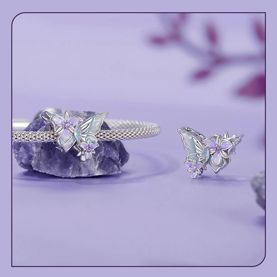 Bamoer 100% 925 Sterling Silver Romantic Crystal Butterfly Iris Charm For Women Fit Bracelet DIY Necklace Fine Jewelry Gift