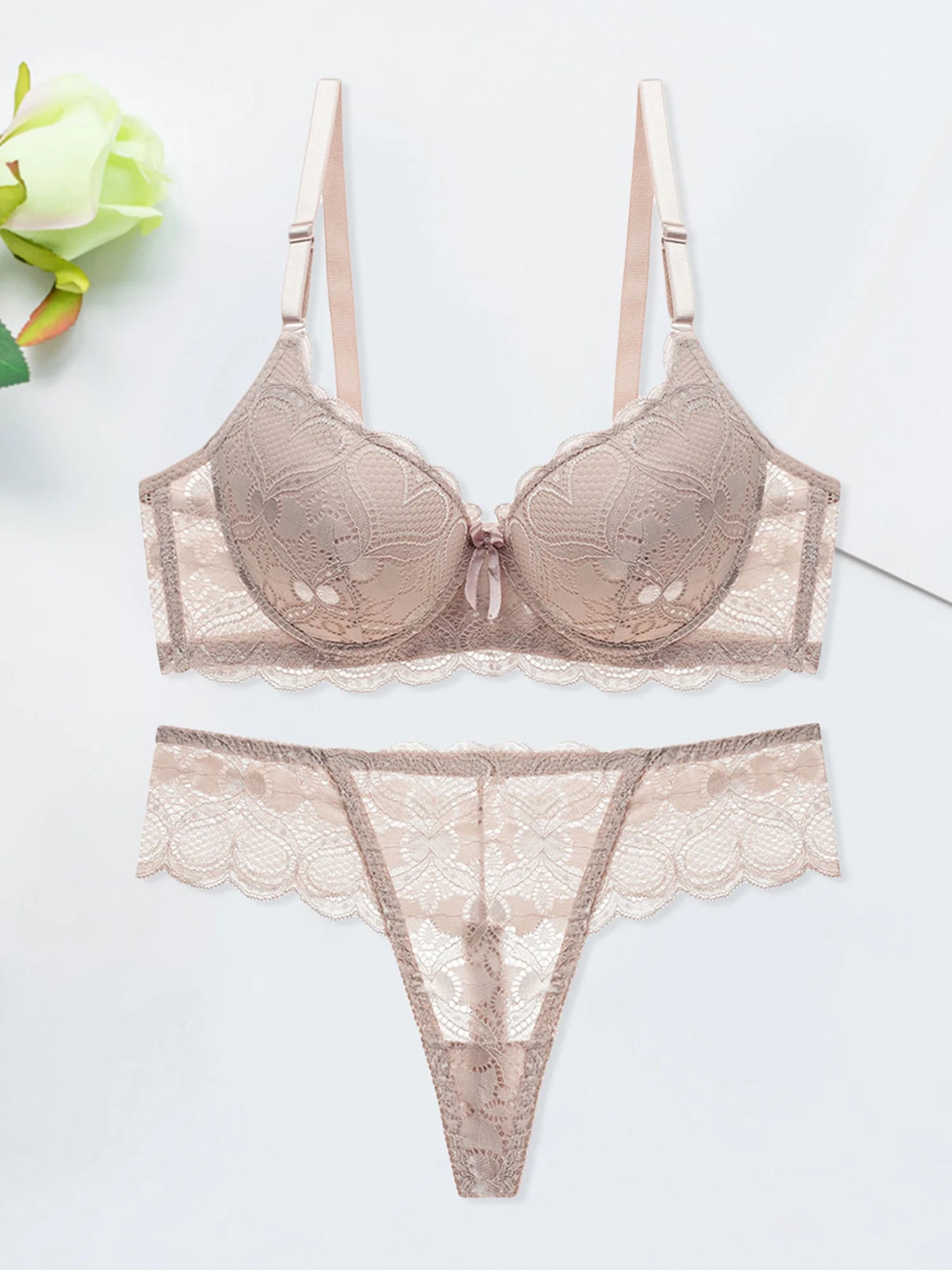 Women s Floral Lace Lingerie Set Sheer Mesh Seductive Babydoll Push up Bra and Panty 2 Pcs Set with Garter Belt