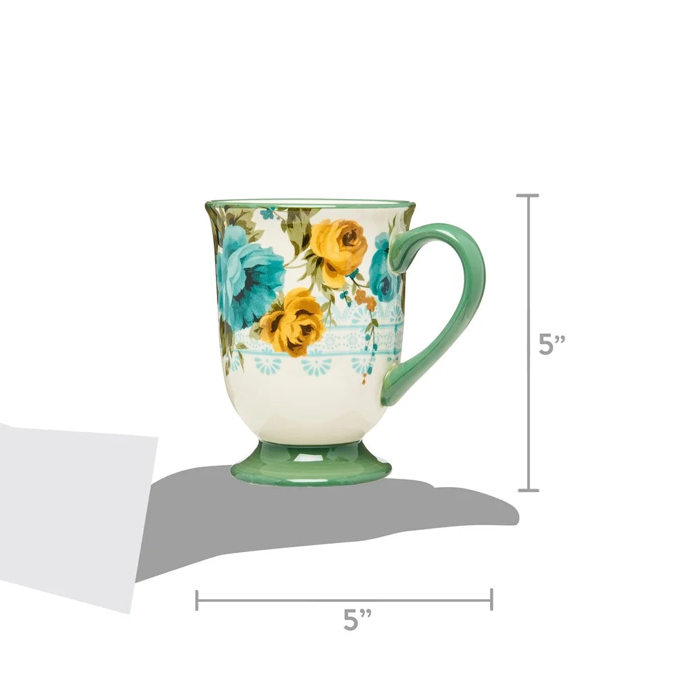 Floral Stoneware Latte Mug Set 18oz Four Pieces Microwave Safe Elegant Design Perfect Coffee Tea Home Entertaining