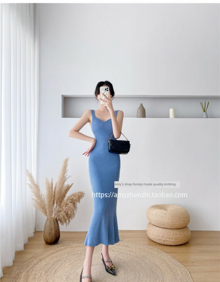Autumn and Winter V-neck Slim-Fit Sleeveless Sling Fishtail Dress Sweater