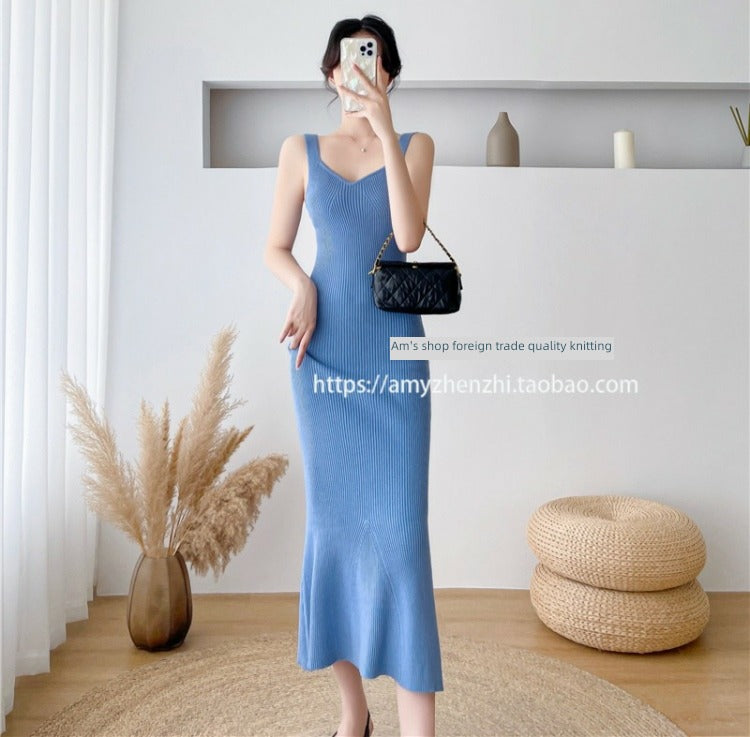 Autumn and Winter V-neck Slim-Fit Sleeveless Sling Fishtail Dress Sweater