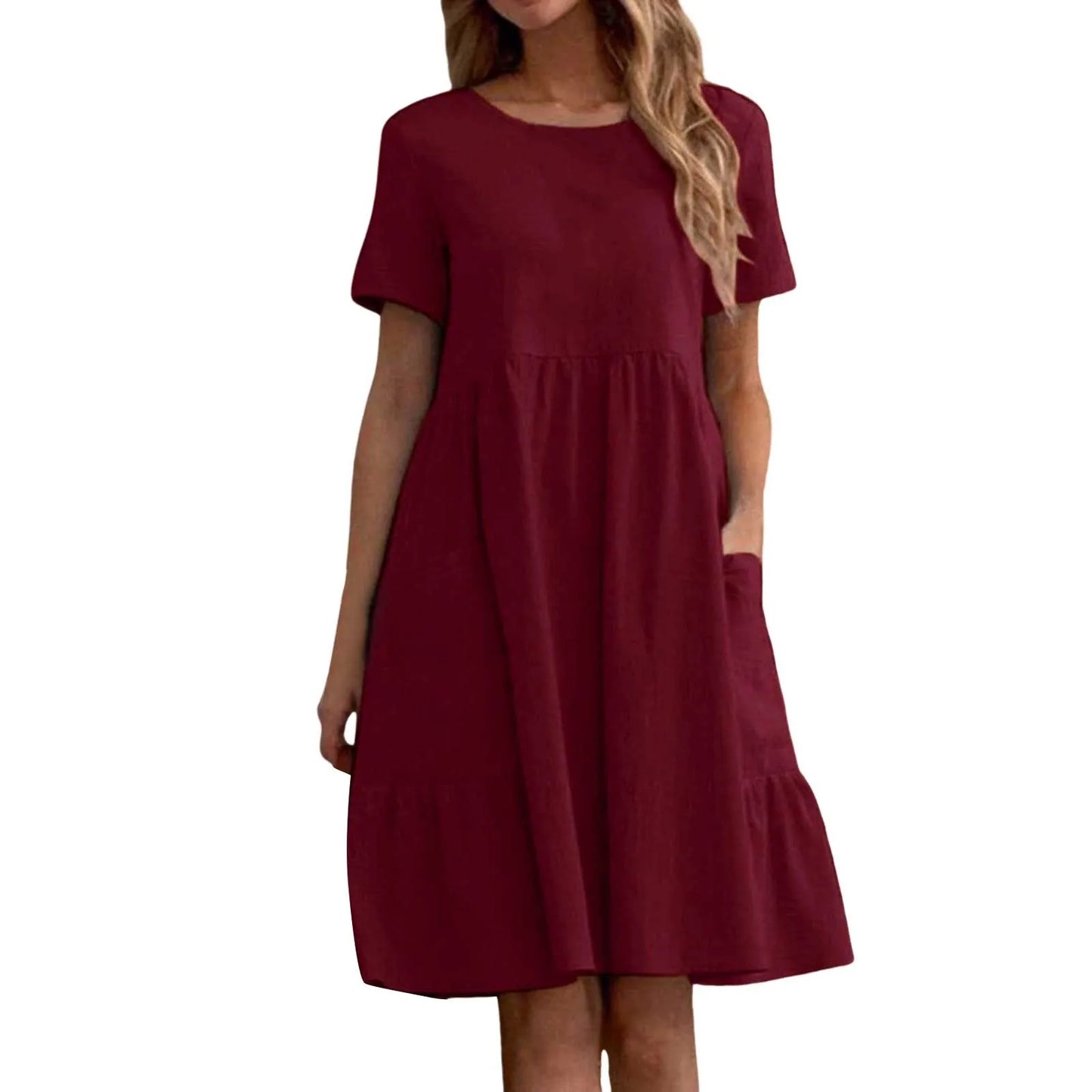 Evening Dresses Outfits Women Fashion Solid Vintage Cotton And Linen Loose Pocket Round Neck Short Sleeve