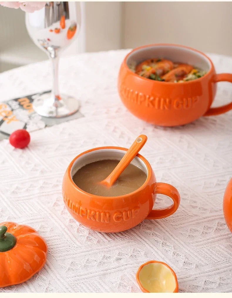 Pumpkin Mug Ceramic with Lid with Spoon Coffee Cups Milk Tea Breakfast Creative Handle Design Gift Drinkware Kitchen Halloween