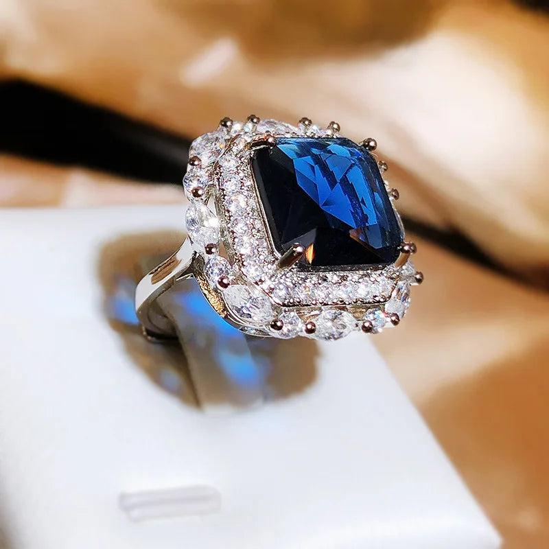 925 Silver New Luxury Set Princess Square Diamond Opening Ring Women's Fashion Tanzanite Sapphire Engagement Ring