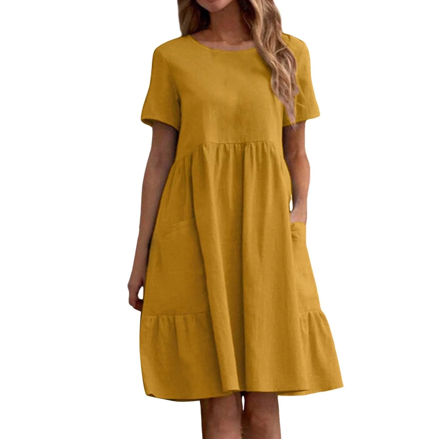 Evening Dresses Outfits Women Fashion Solid Vintage Cotton And Linen Loose Pocket Round Neck Short Sleeve