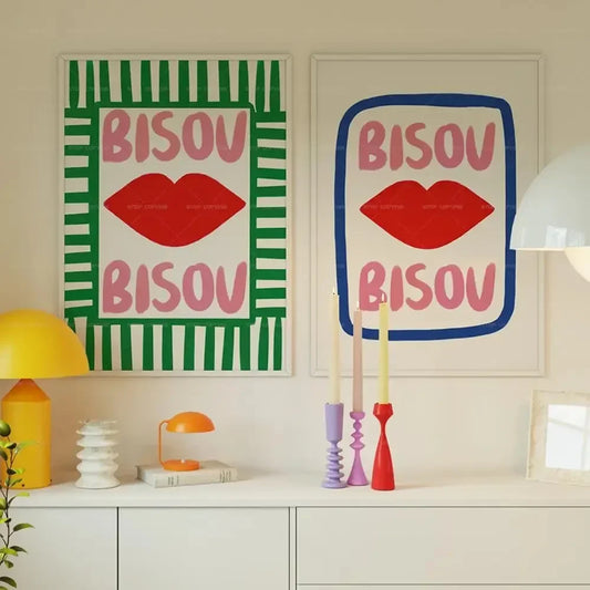 Maximalist Eclectic Posters and Prints Pink French Quotes Bisou Bisou Bonjour Bonne Nuit Wall Art Living Room Home Decor