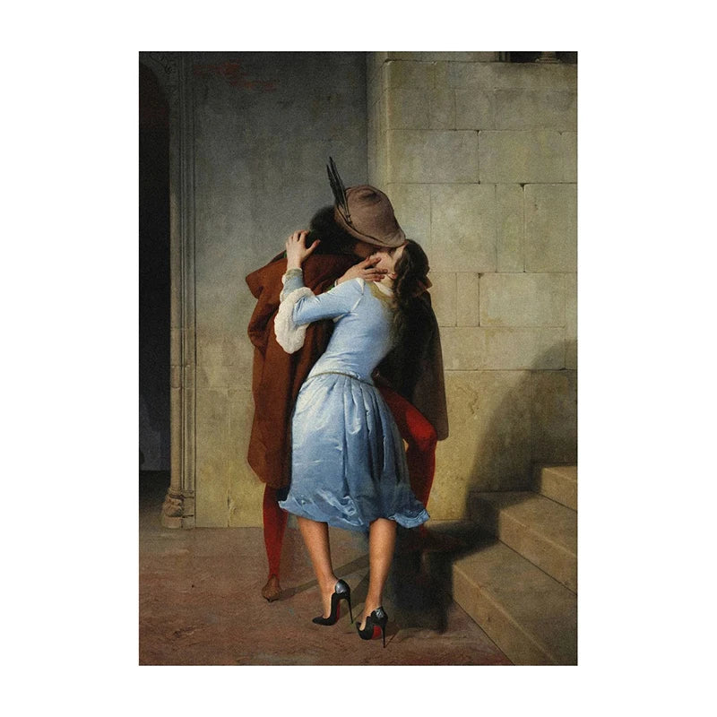 Tape Collage Canvas Painting Shy Girl Poster and Print The Classy Kiss Wall Art Picture for Living Room Home Wall Decoration