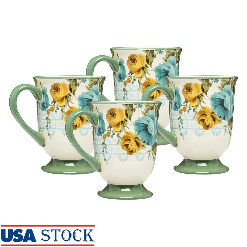 Floral Stoneware Latte Mug Set 18oz Four Pieces Microwave Safe Elegant Design Perfect Coffee Tea Home Entertaining