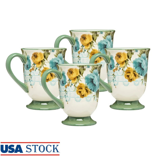 Floral Stoneware Latte Mug Set 18oz Four Pieces Microwave Safe Elegant Design Perfect Coffee Tea Home Entertaining