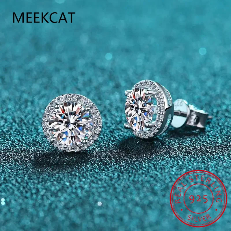 Zircon Moissanite Diamond Stud Earrings for Women Real 925 Sterling Silver Round Halo Earrings Luxury Wedding Fine Jewelry