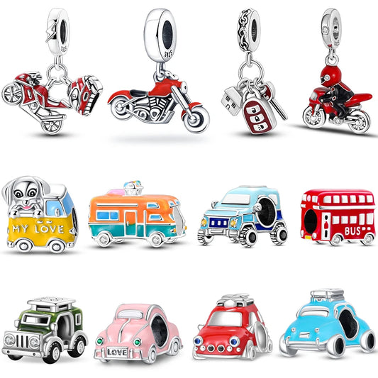 925 Sterling Silver Motorcycle Red Sports Car SUV Bus Car Keys Charm Pendants For Women Fit DIY Bracelets Party Birthday Jewelry