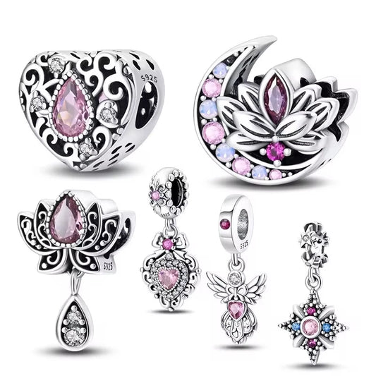 Hot Sale 925 Silver Retro Heart Shape Lotus Angel Charm Beads Fit Pandach Original DIY Bracelets Birthday Gifts Fine Jewelry