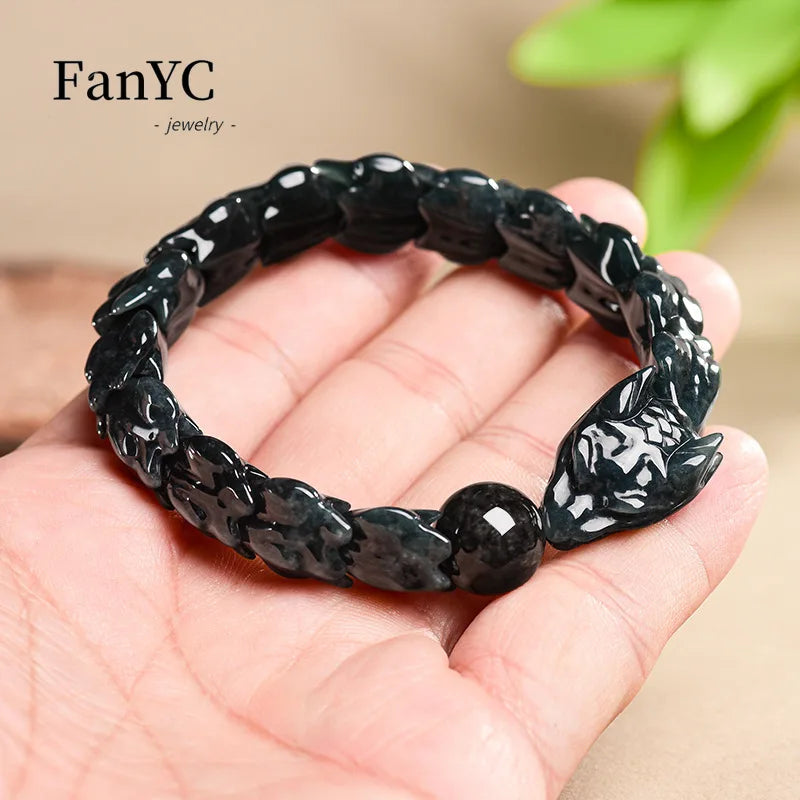 High-end Natural Burmese Jadeite Dragon Bone Bracelet with Exquisite Carving Fashionable Jewellery Gift for Men and Women