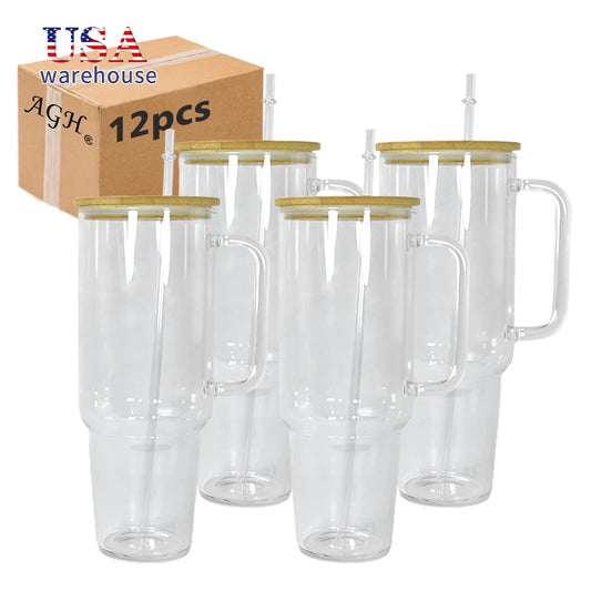 12pcs 40oz Clear Glass Sublimation Coffee Tumbler Travel Glass Mug With Handle Hu