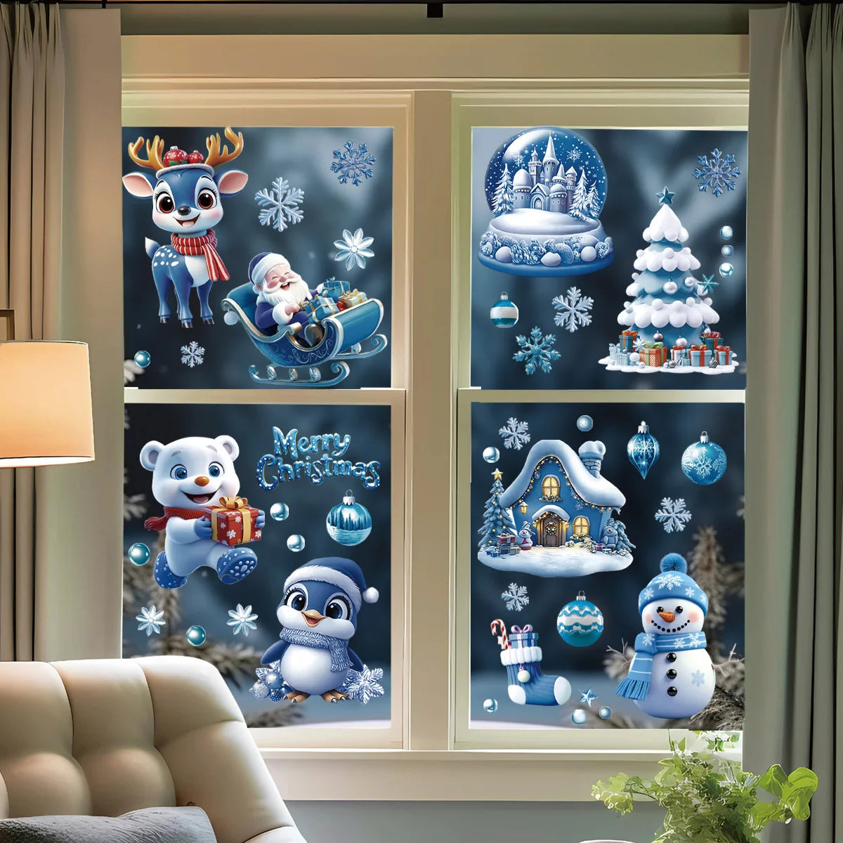 Christmas Window Stickers Blue Theme - Static Cling Snowman Snowflake Decals for Glass Doors, Shop Displays & Home Decor