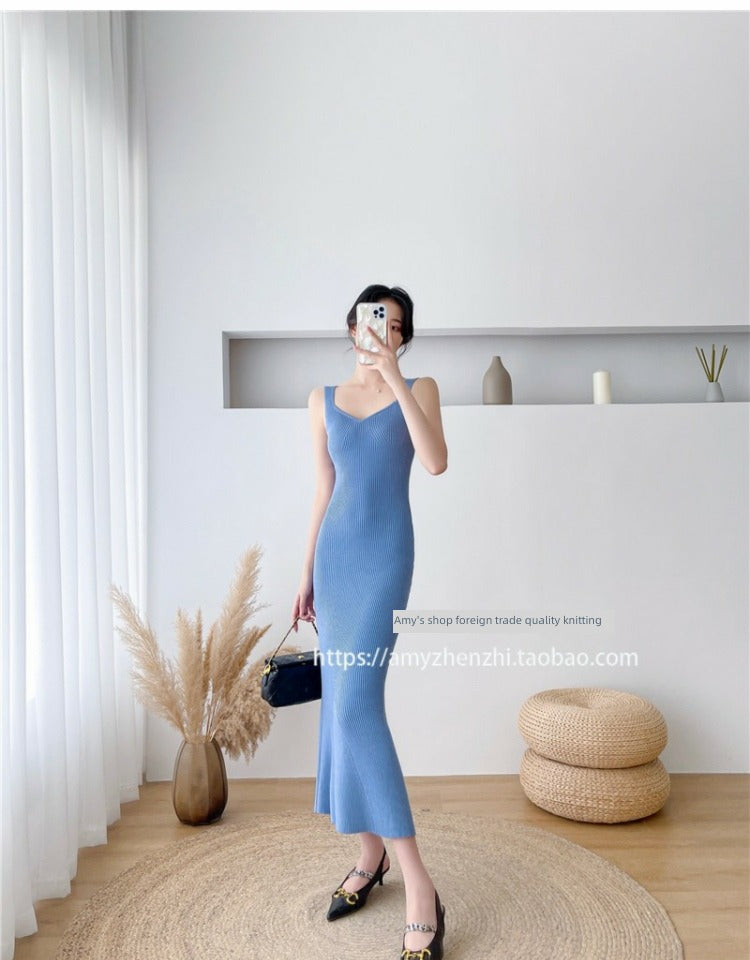 Autumn and Winter V-neck Slim-Fit Sleeveless Sling Fishtail Dress Sweater