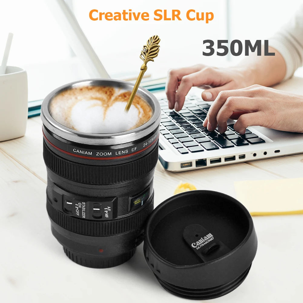 350mL Creative Telephoto Lens Shape Coffee Tea Mug with Lid Stainless Steel